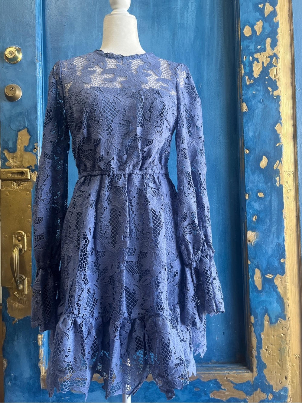Aqua Periwinkle Lace Long-Sleeve Mini Dress